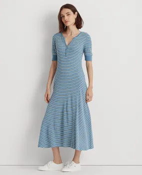 Striped Cotton Henley Dress In Blue/Cream