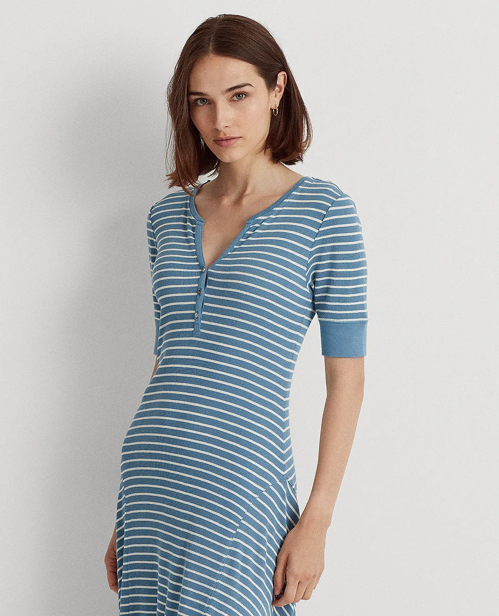 Striped Cotton Henley Dress In Blue/Cream