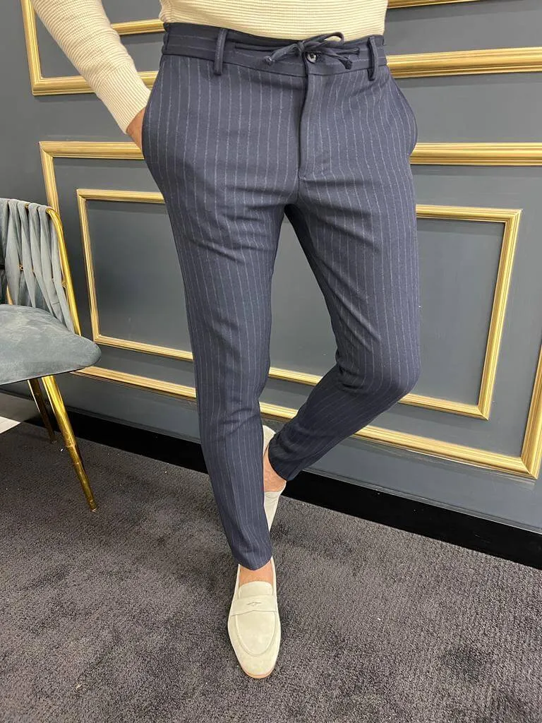 Striped Dark Blue Rope Belt Trouser