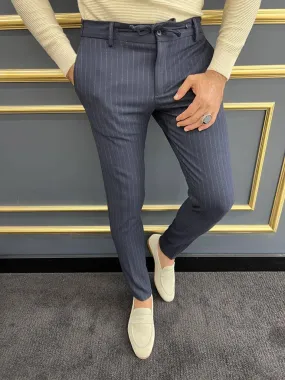 Striped Dark Blue Rope Belt Trouser