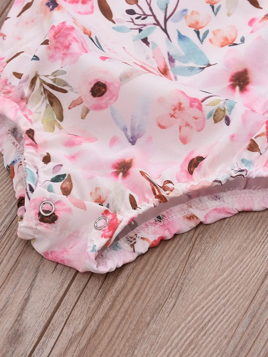 Summer Infant Girl Onesies Short-sleeved Flower Bodysuit with Headband