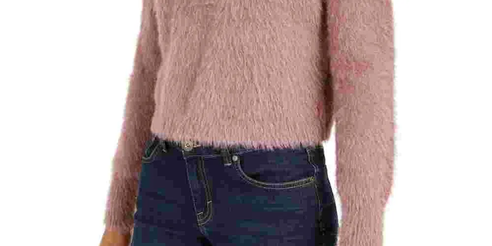Sun  Moon Women's Fuzzy Finish Long Sleeve Mock T-Shirt Sweater Pink Size Large