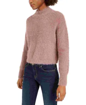 Sun  Moon Women's Fuzzy Finish Long Sleeve Mock T-Shirt Sweater Pink Size Large