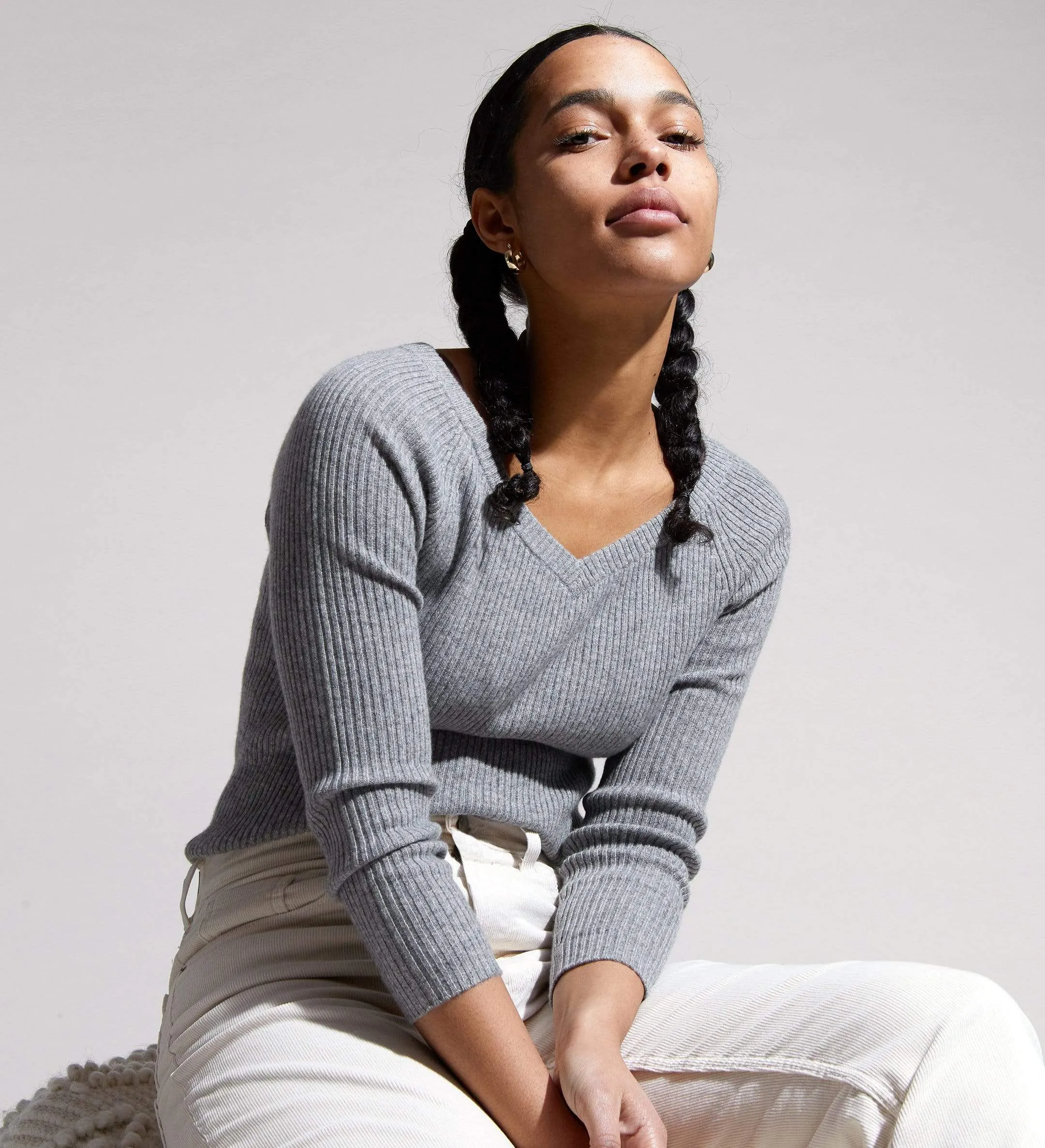 The Ribbed Subtle V-Neck Cashmere Sweater