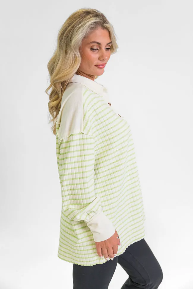 This Is The Life Lime Striped Collared Henley Oversized Knit Top