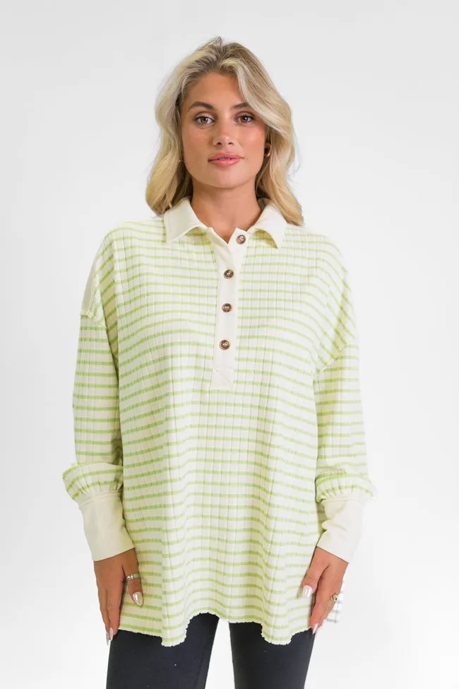 This Is The Life Lime Striped Collared Henley Oversized Knit Top