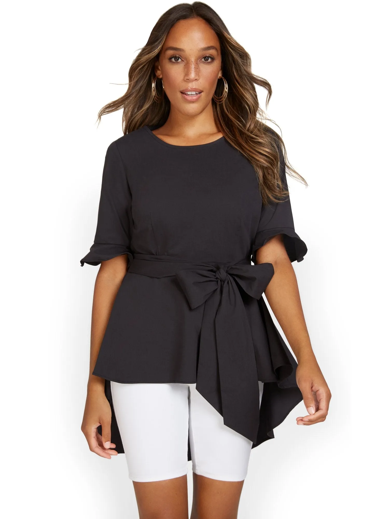 Tie-Waist High-Low Poplin Top