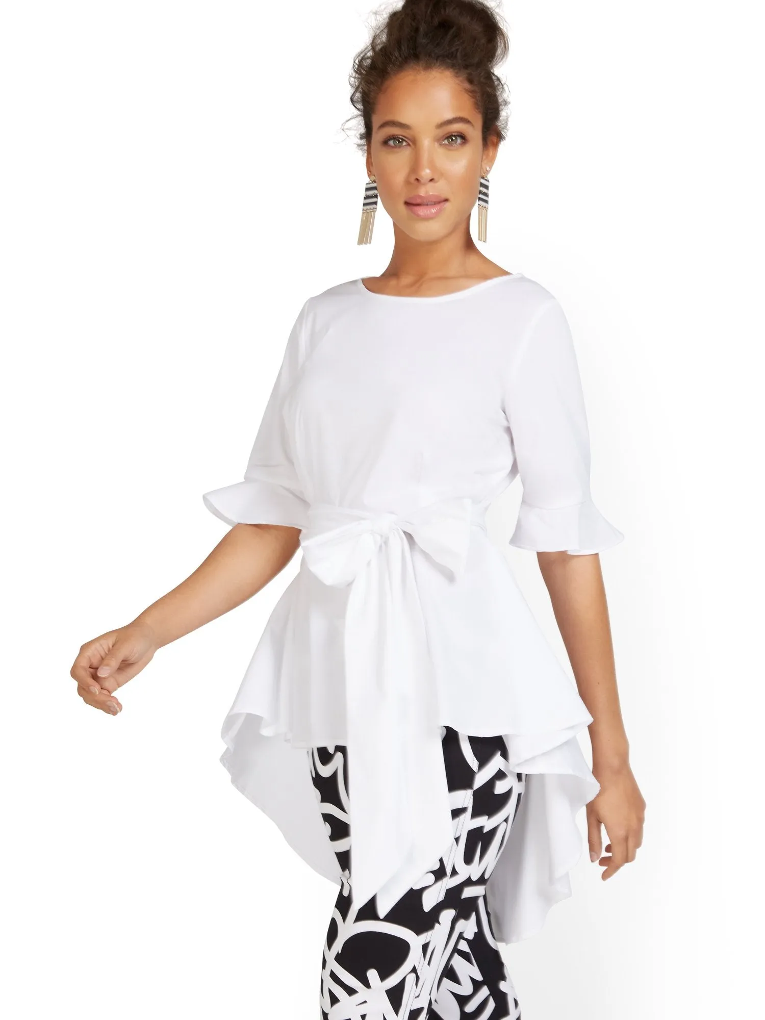 Tie-Waist High-Low Poplin Top