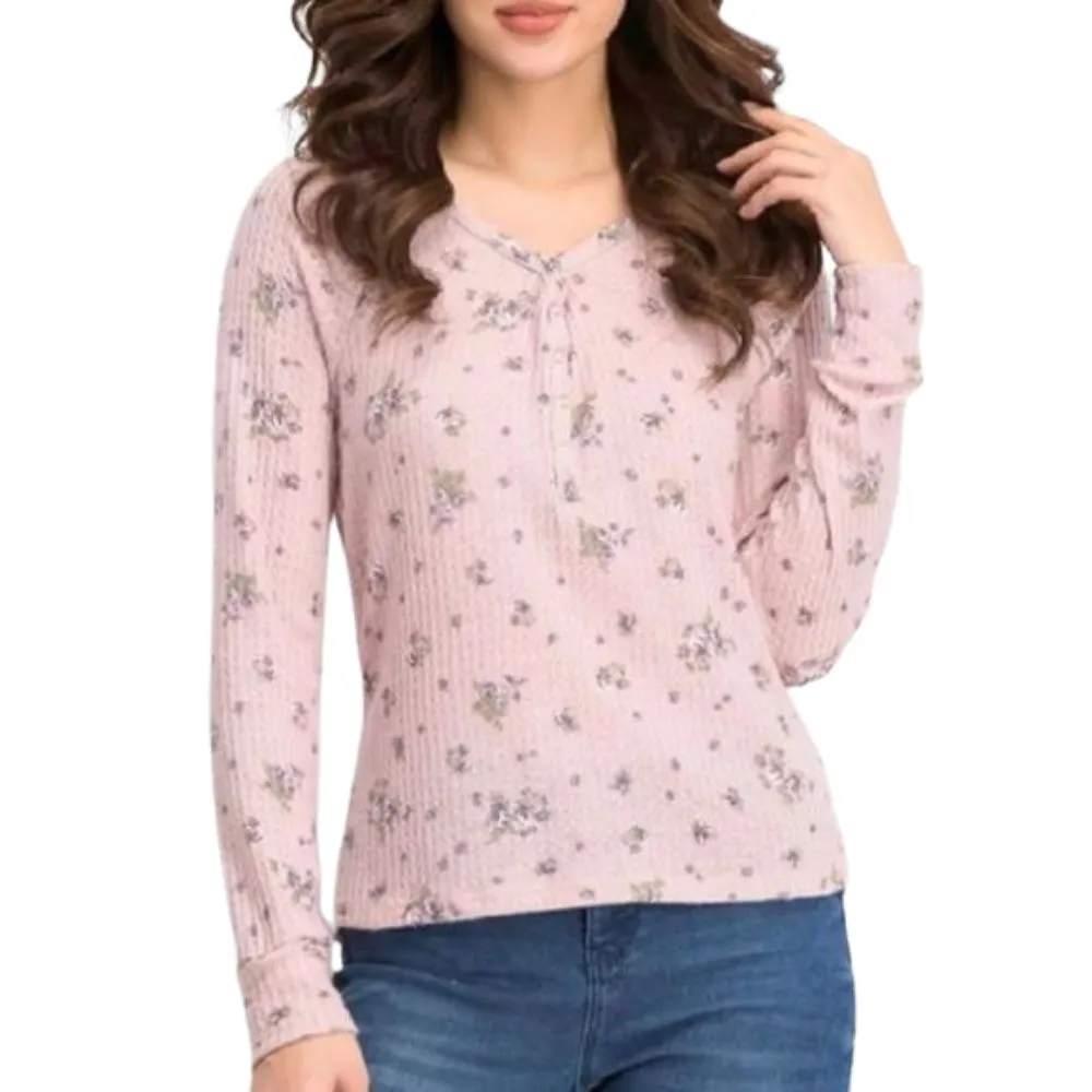 Ultra Flirt Juniors' Women's Floral Print Waffle Texture Henley Top Pink Size Medium