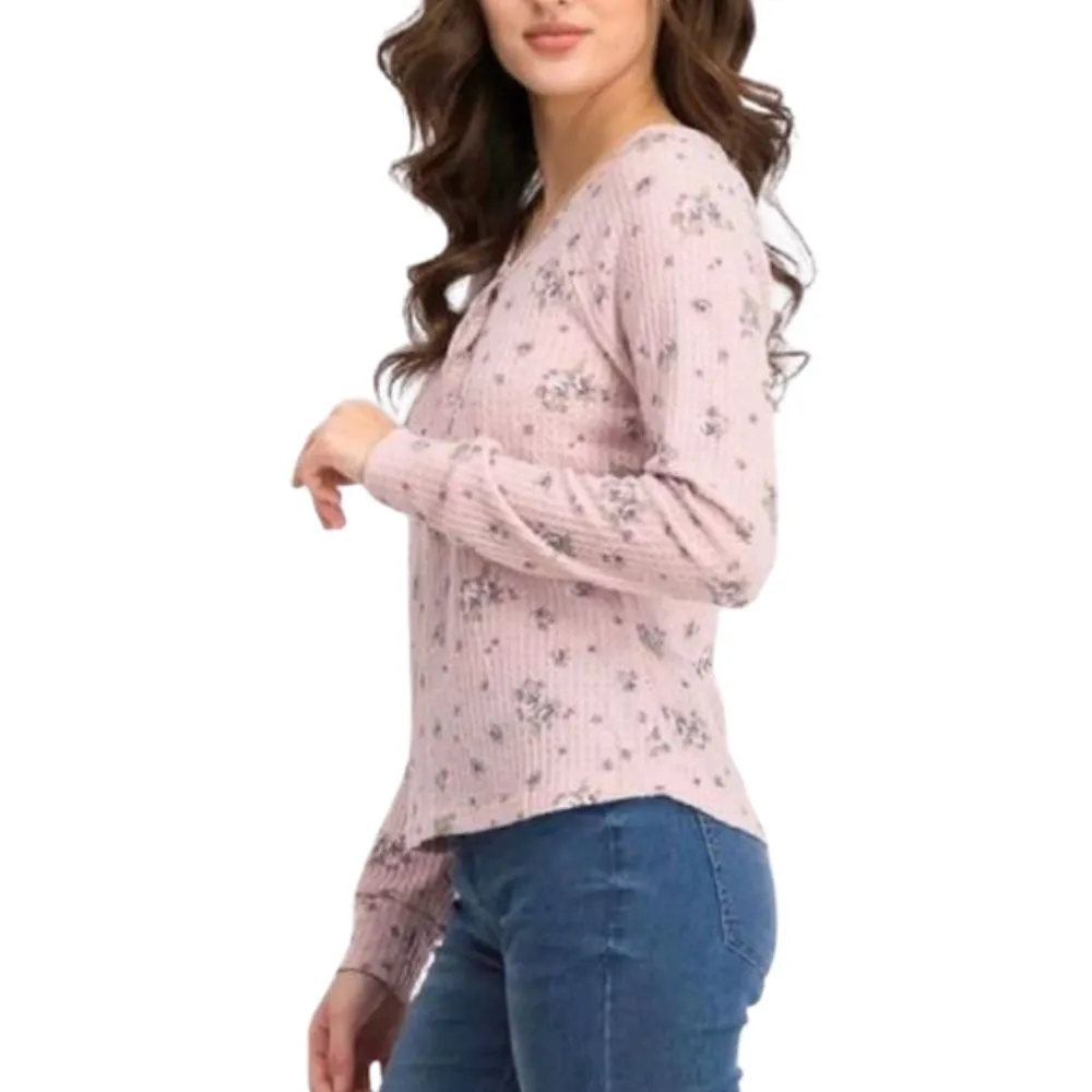 Ultra Flirt Juniors' Women's Floral Print Waffle Texture Henley Top Pink Size Medium