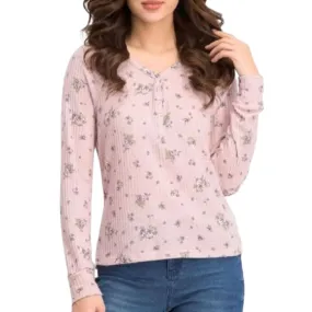 Ultra Flirt Juniors' Women's Floral Print Waffle Texture Henley Top Pink Size Medium