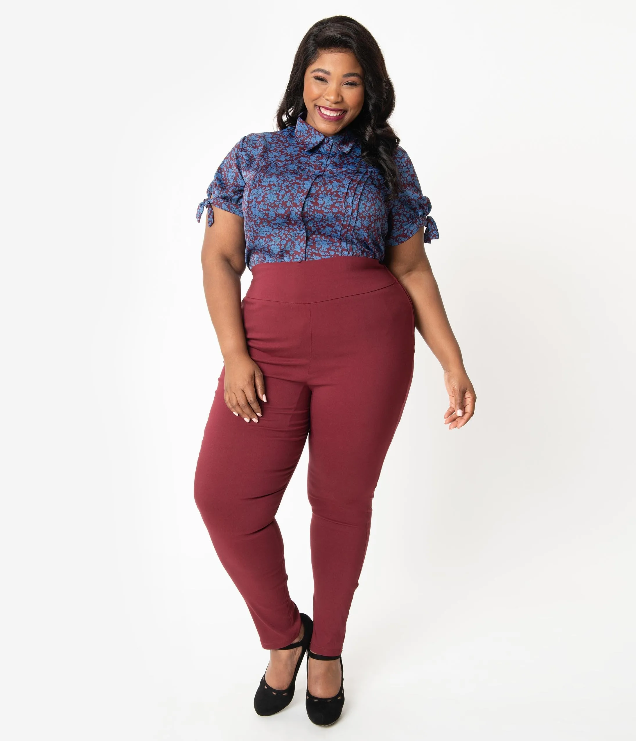 Unique Vintage Plus Size Burgundy High Waist Rizzo Cigarette Pants