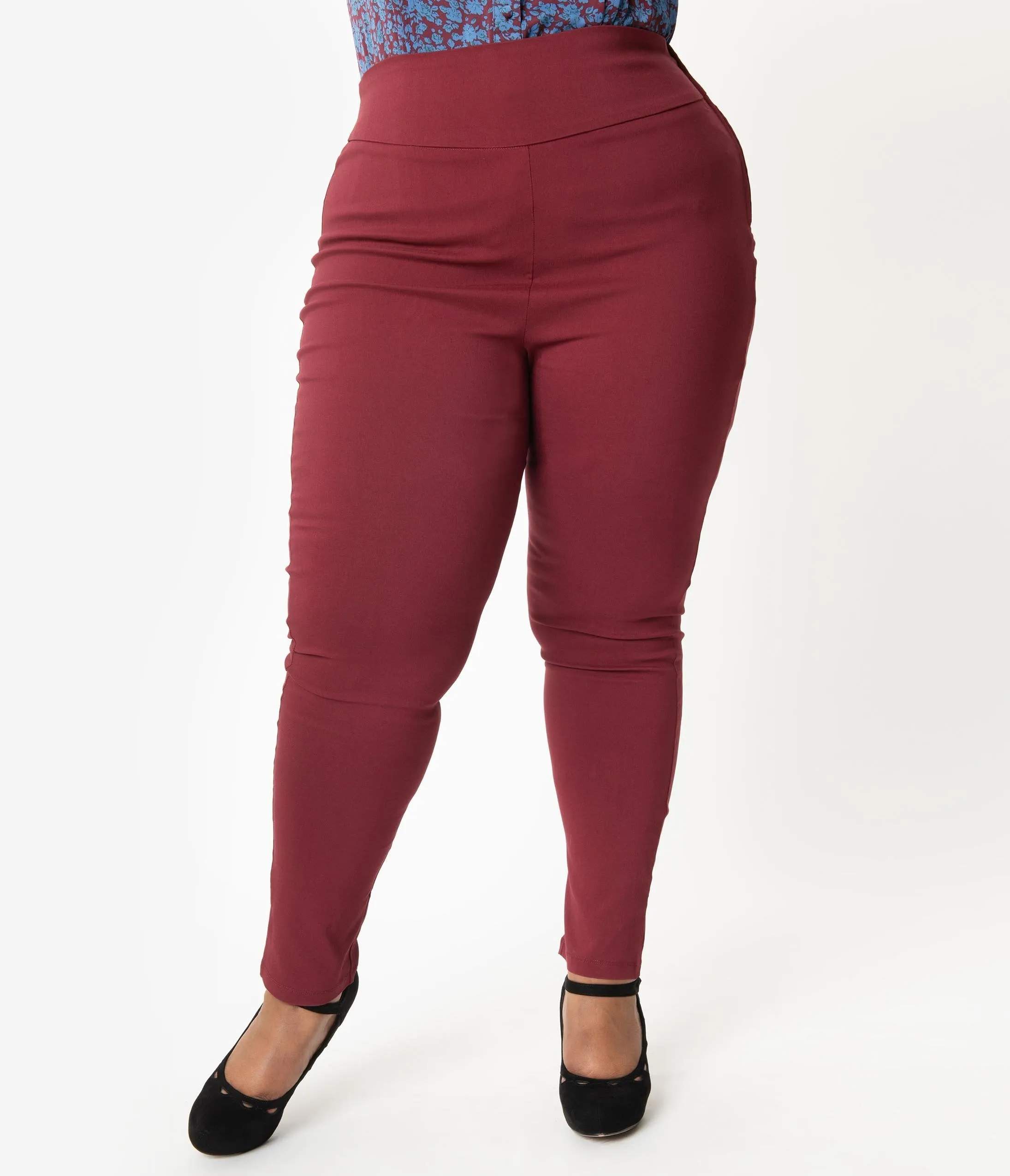 Unique Vintage Plus Size Burgundy High Waist Rizzo Cigarette Pants