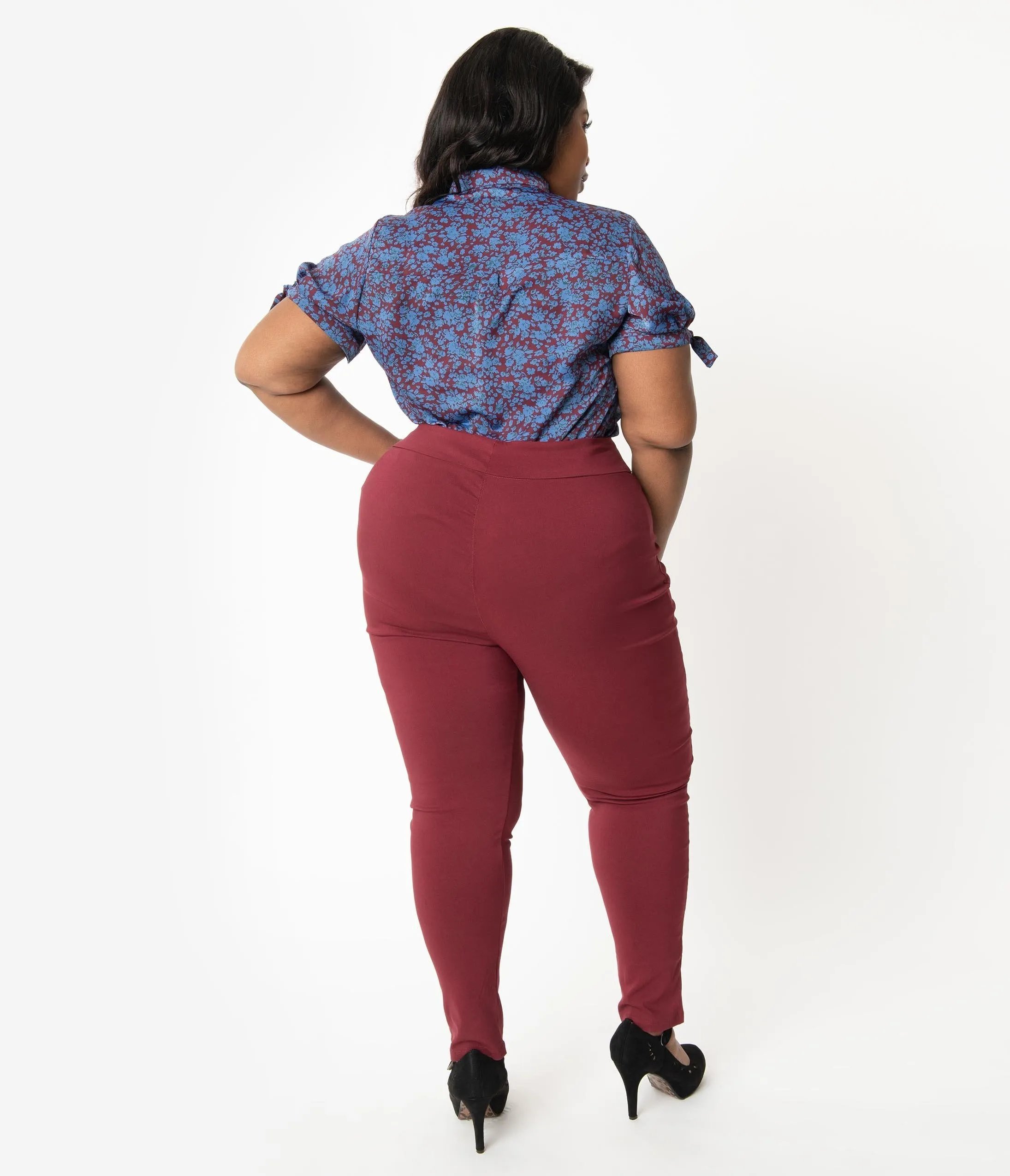 Unique Vintage Plus Size Burgundy High Waist Rizzo Cigarette Pants