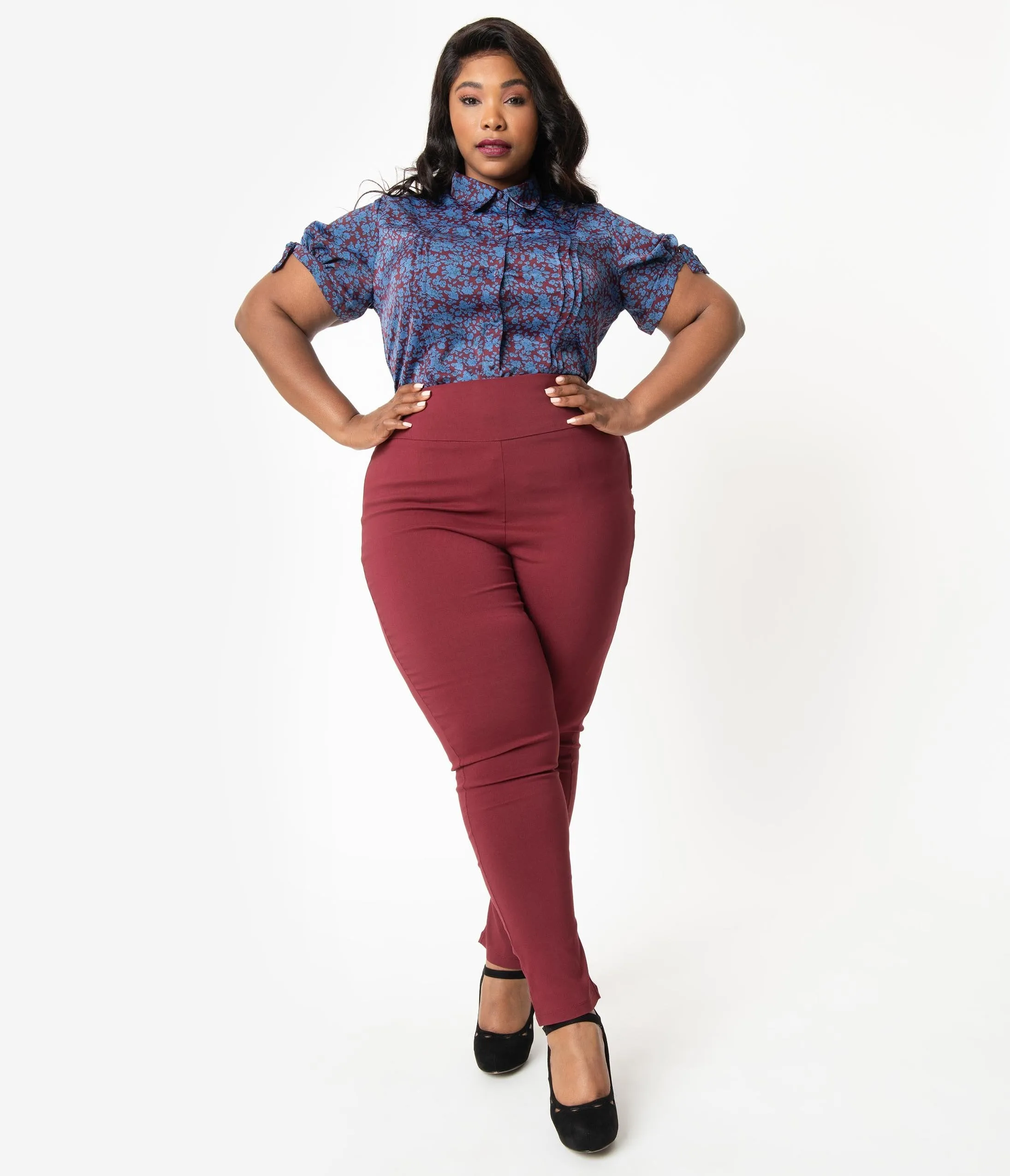 Unique Vintage Plus Size Burgundy High Waist Rizzo Cigarette Pants