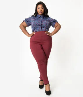 Unique Vintage Plus Size Burgundy High Waist Rizzo Cigarette Pants