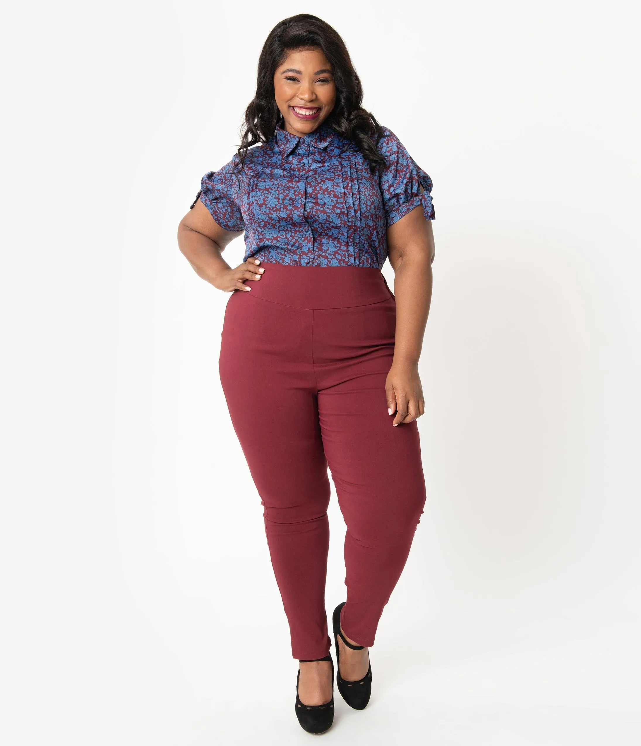 Unique Vintage Plus Size Burgundy High Waist Rizzo Cigarette Pants