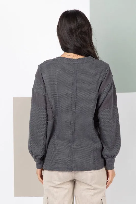 V-Neck Comfy Solid Henley Casual Knit Top