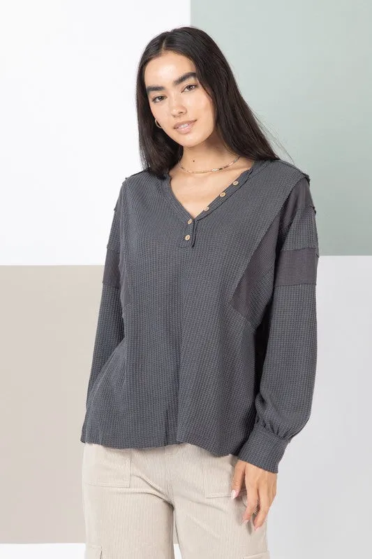 V-Neck Comfy Solid Henley Casual Knit Top