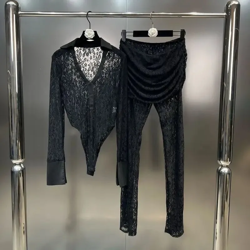 V-neck Long Sleeve Lace Bodysuit High Waist Pants 2pc set