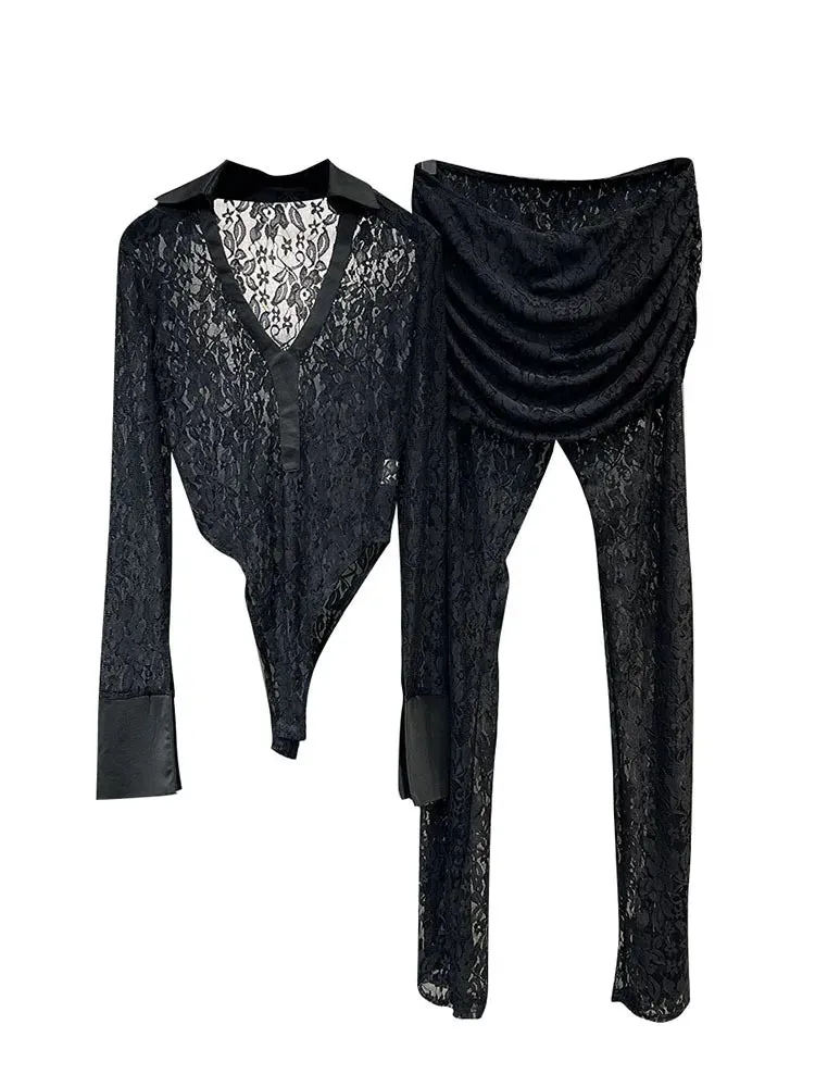 V-neck Long Sleeve Lace Bodysuit High Waist Pants 2pc set