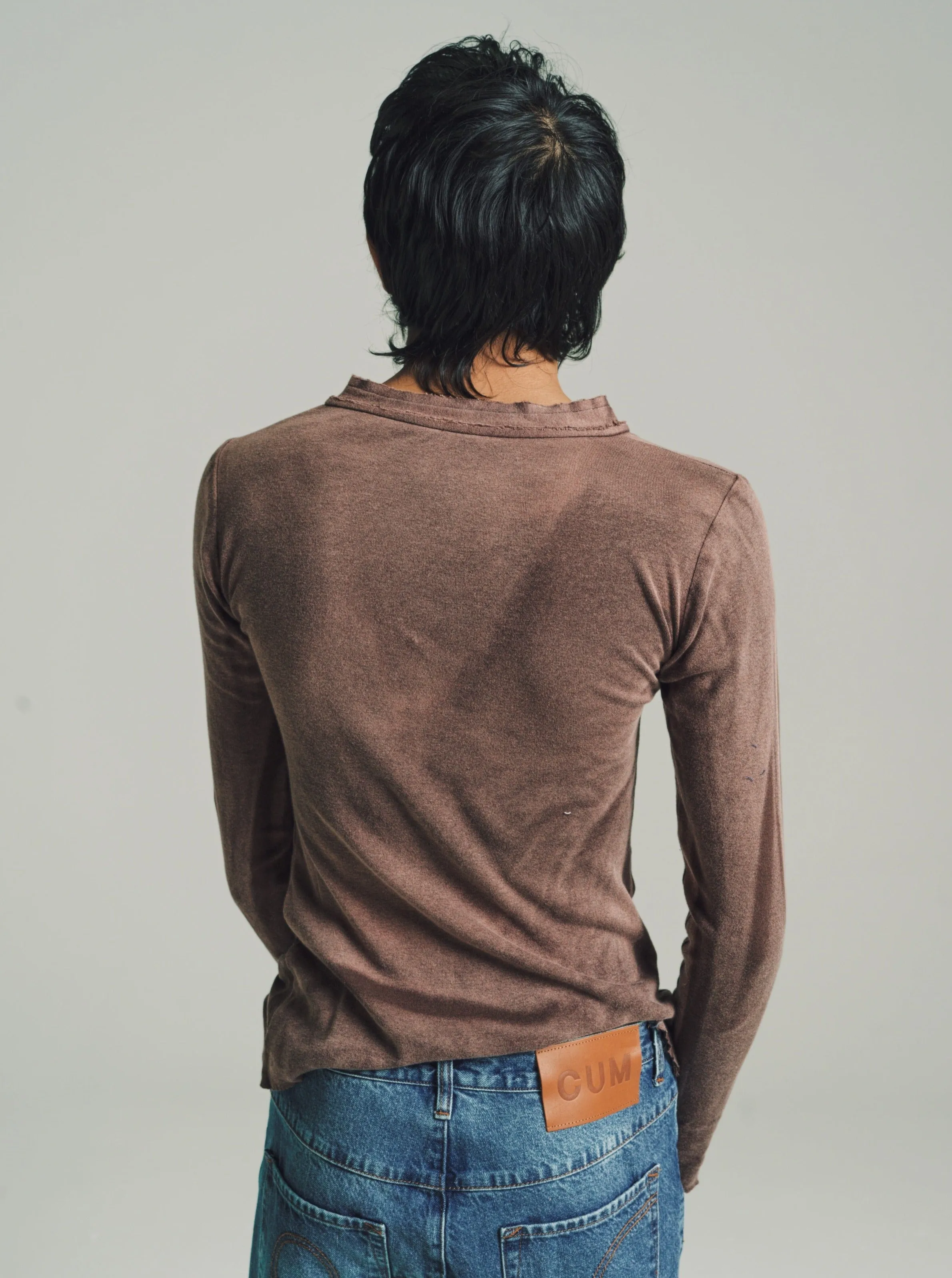 Washed Brown Light Cotton Jersey Raw Stacked Long Sleeve Henley