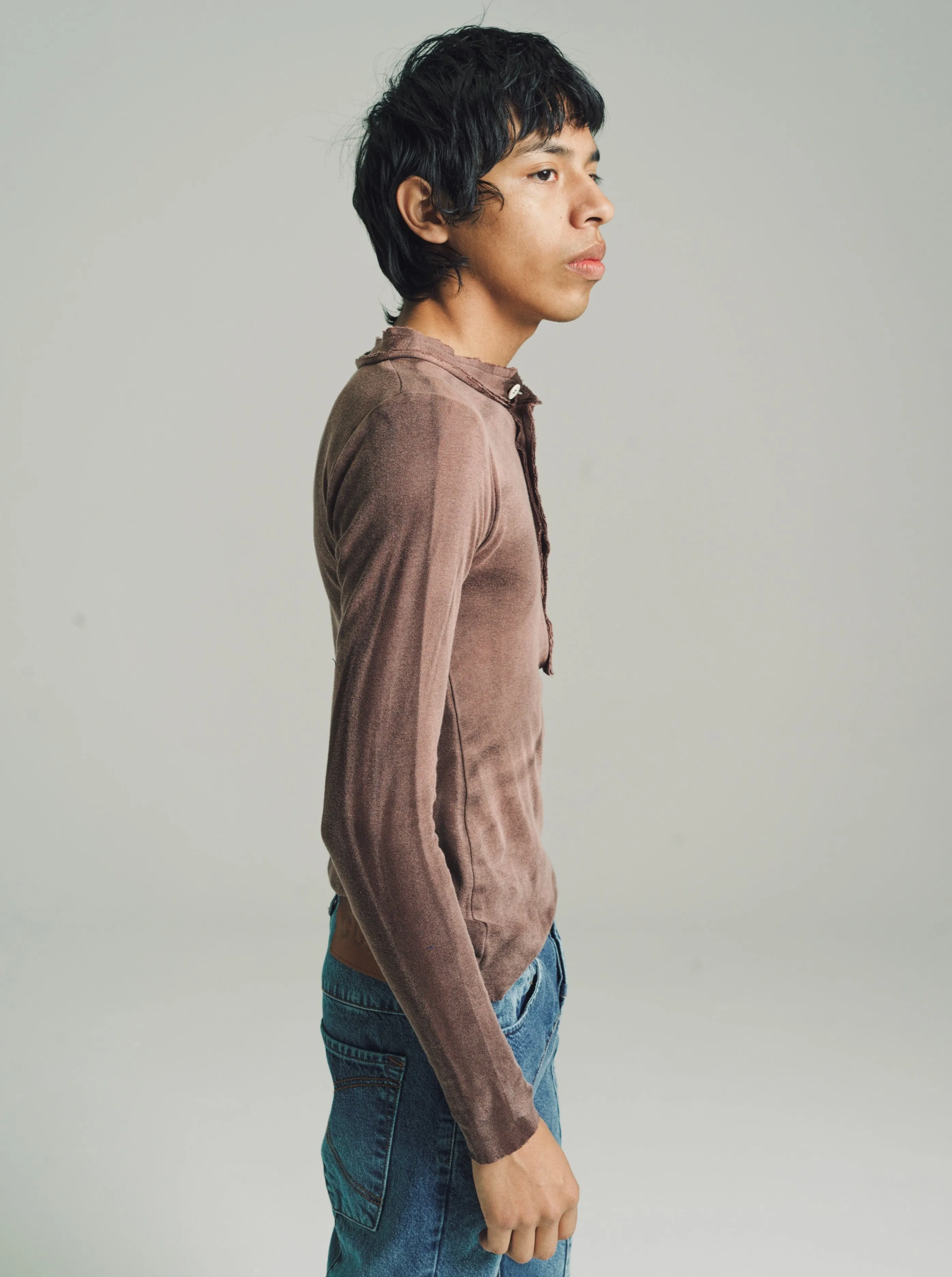Washed Brown Light Cotton Jersey Raw Stacked Long Sleeve Henley