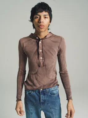 Washed Brown Light Cotton Jersey Raw Stacked Long Sleeve Henley