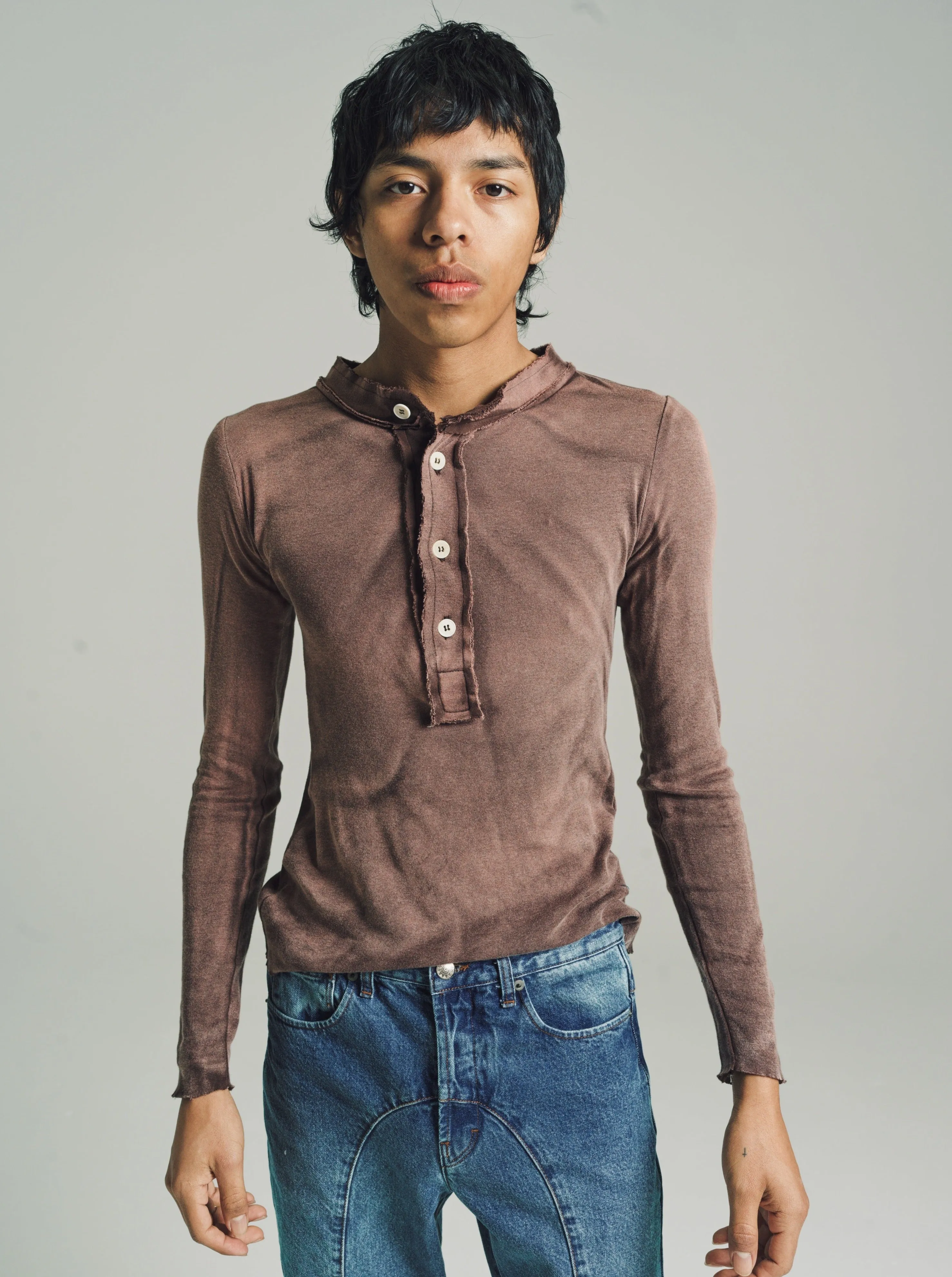 Washed Brown Light Cotton Jersey Raw Stacked Long Sleeve Henley