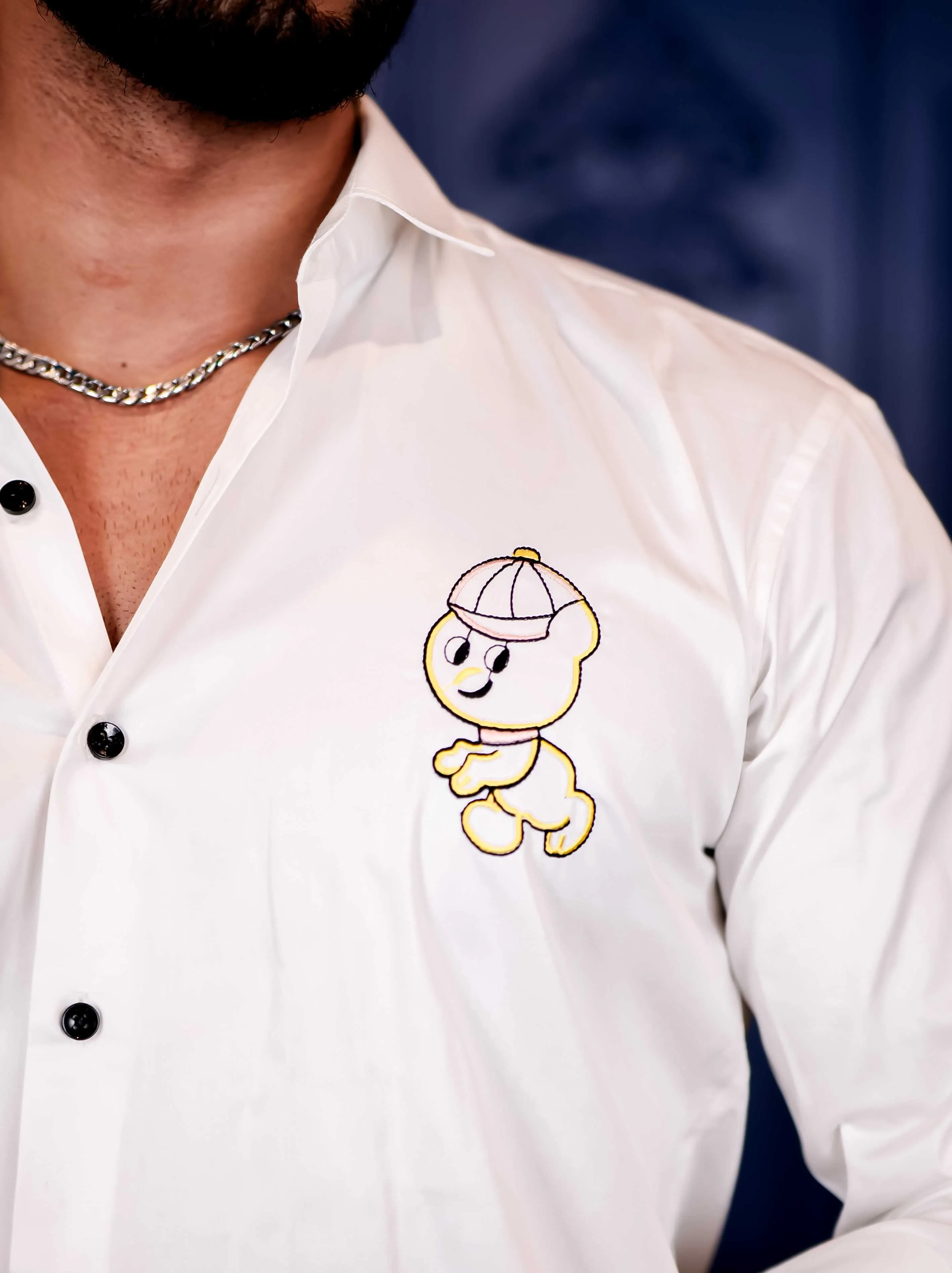 White Clubwear Cartoon Embroidered Satin Cotton Shirt