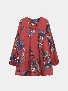 Wholesale Crew Neck Long Sleeve Floral Print Cut Out Curved Hem Shirt Dresses