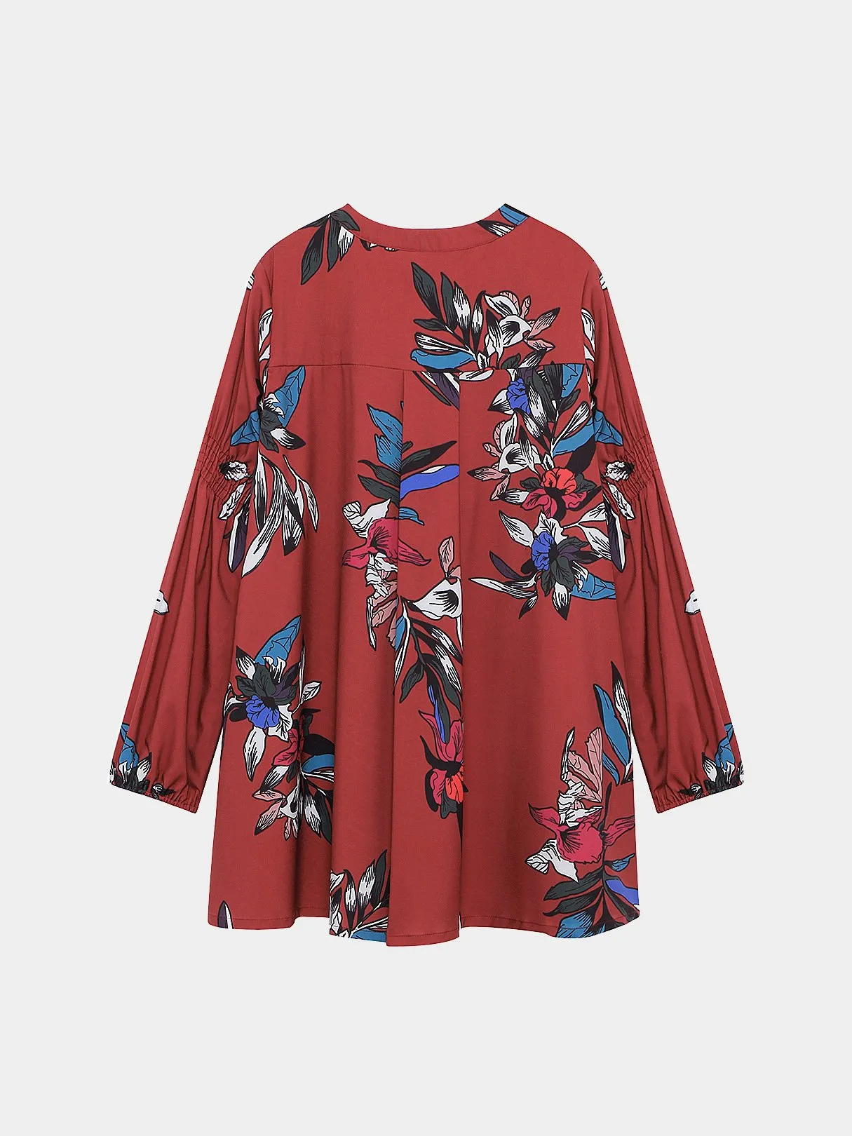 Wholesale Crew Neck Long Sleeve Floral Print Cut Out Curved Hem Shirt Dresses