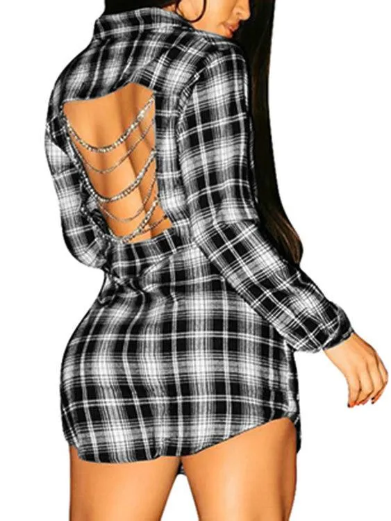 Wholesale Grid Classic Collar Long Sleeve Grid Shirt Dresses