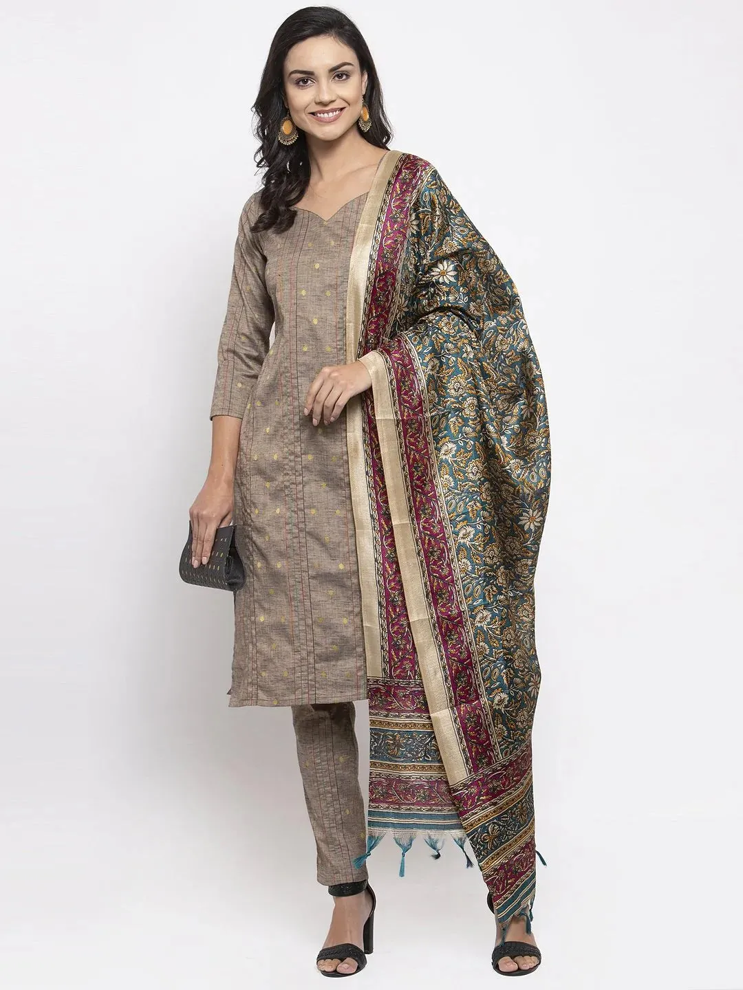 Women Grey Striped Kurta With Trousers & Green Printed Dupatta