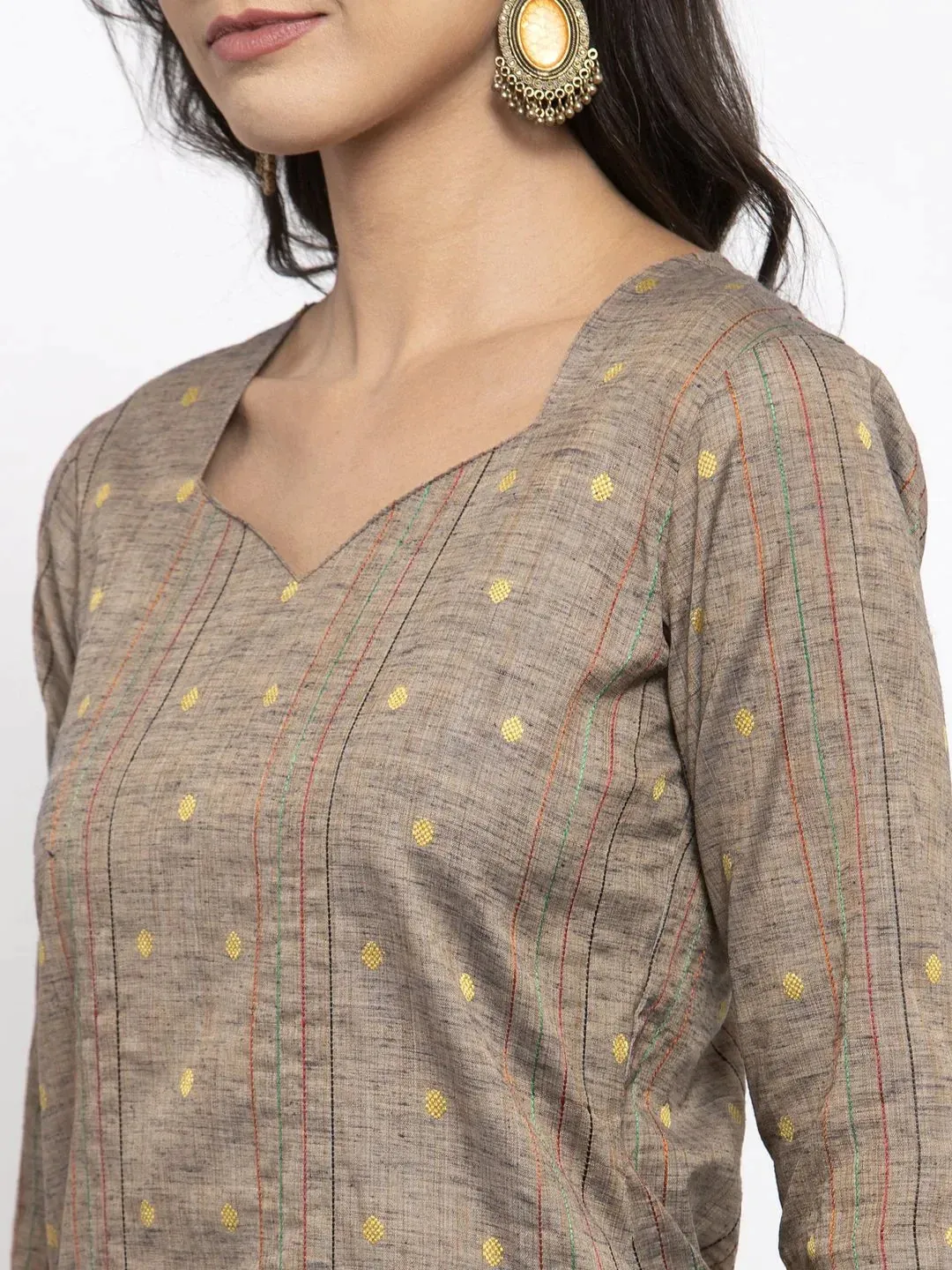 Women Grey Striped Kurta With Trousers & Green Printed Dupatta