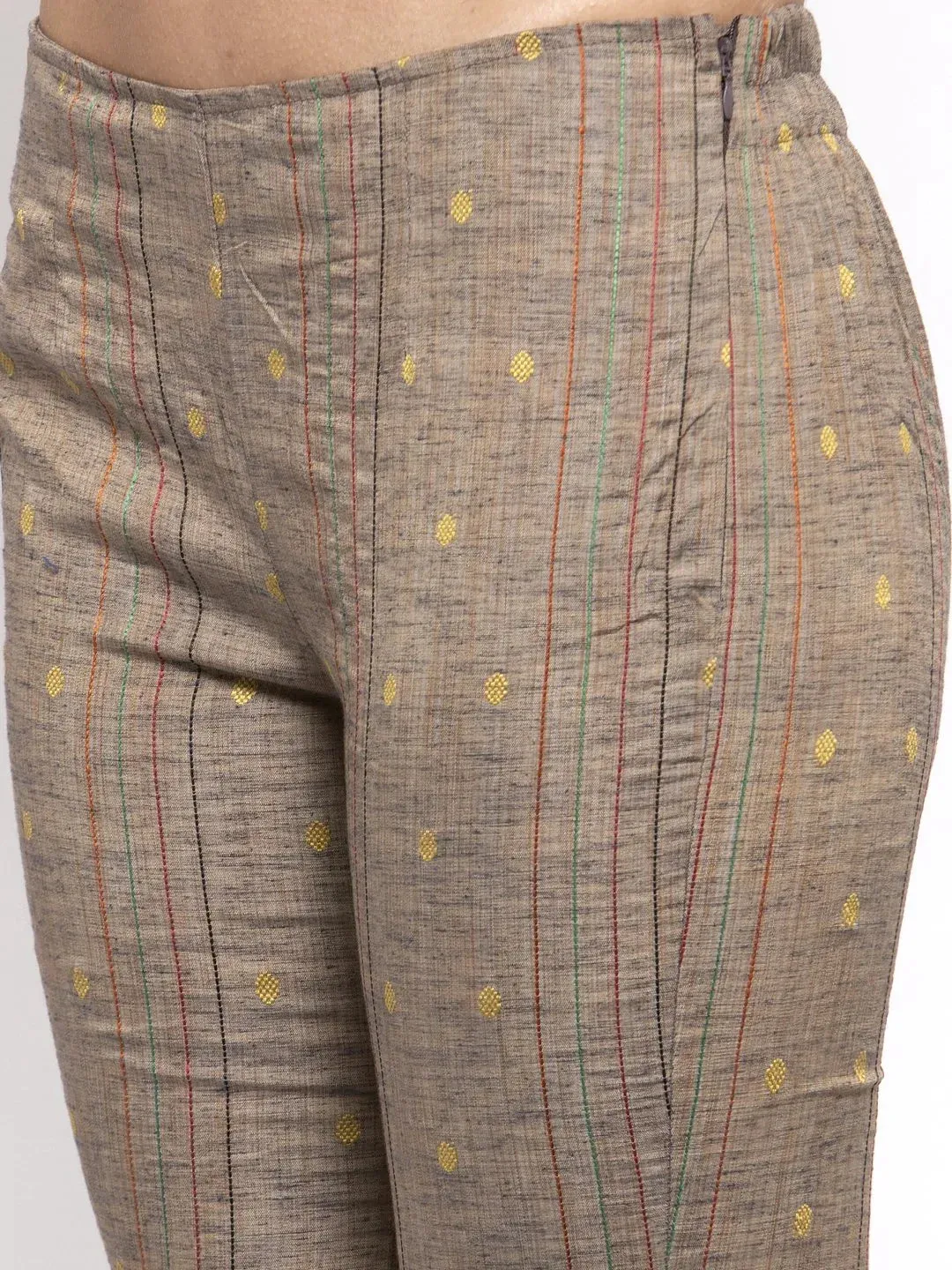 Women Grey Striped Kurta With Trousers & Green Printed Dupatta