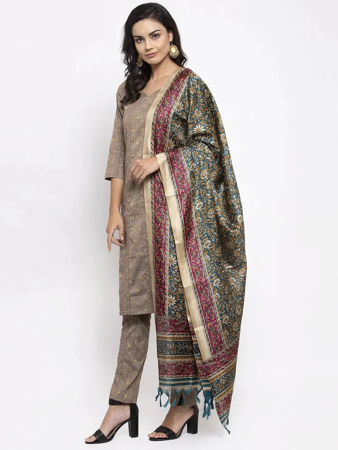 Women Grey Striped Kurta With Trousers & Green Printed Dupatta