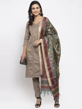 Women Grey Striped Kurta With Trousers & Green Printed Dupatta