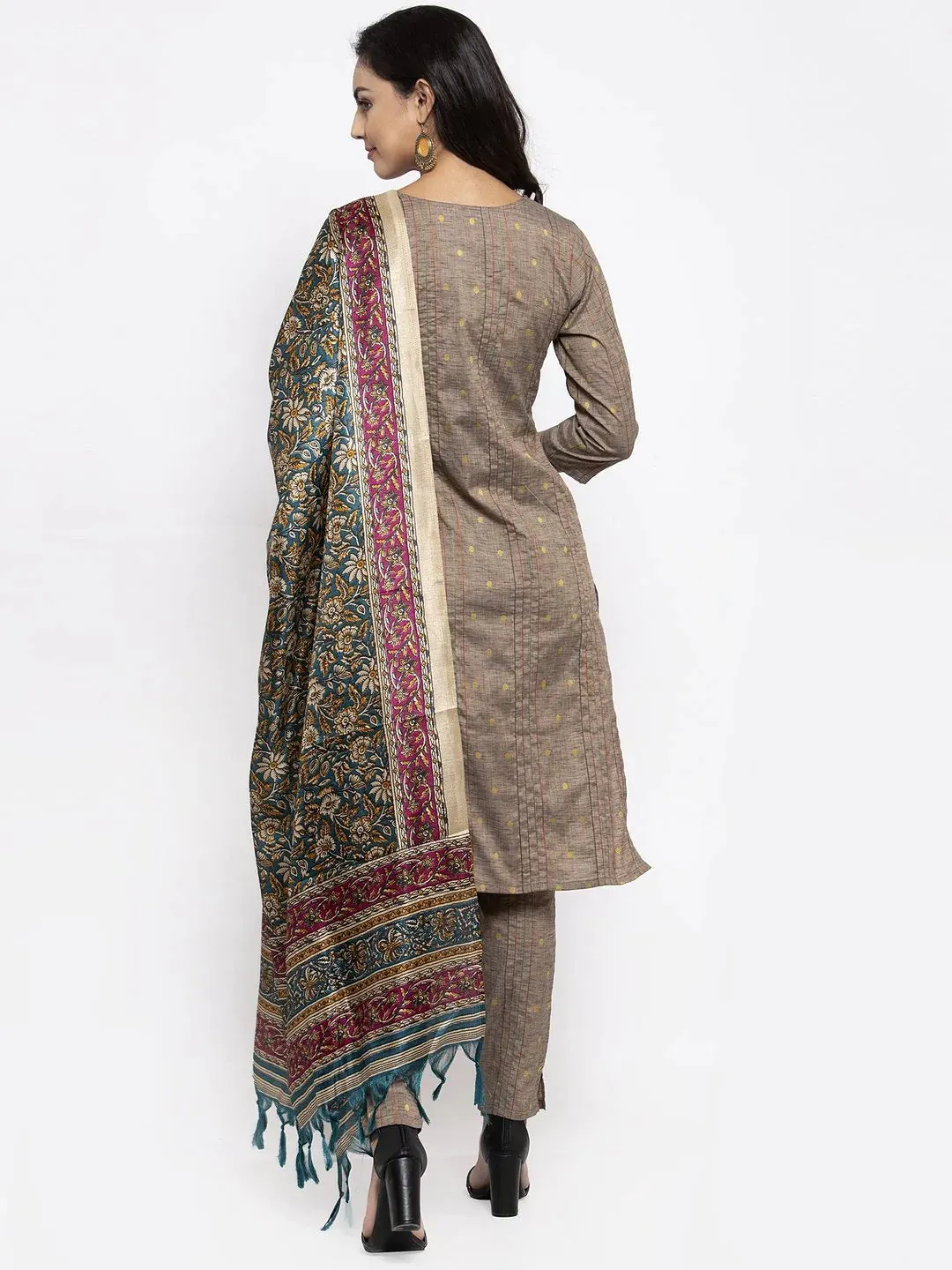 Women Grey Striped Kurta With Trousers & Green Printed Dupatta