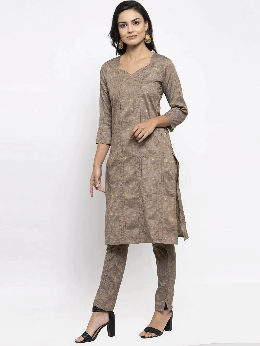 Women Grey Striped Kurta With Trousers & Green Printed Dupatta