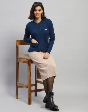 Women Navy Blue Self Design Round Neck Full Sleeve Cardigan
