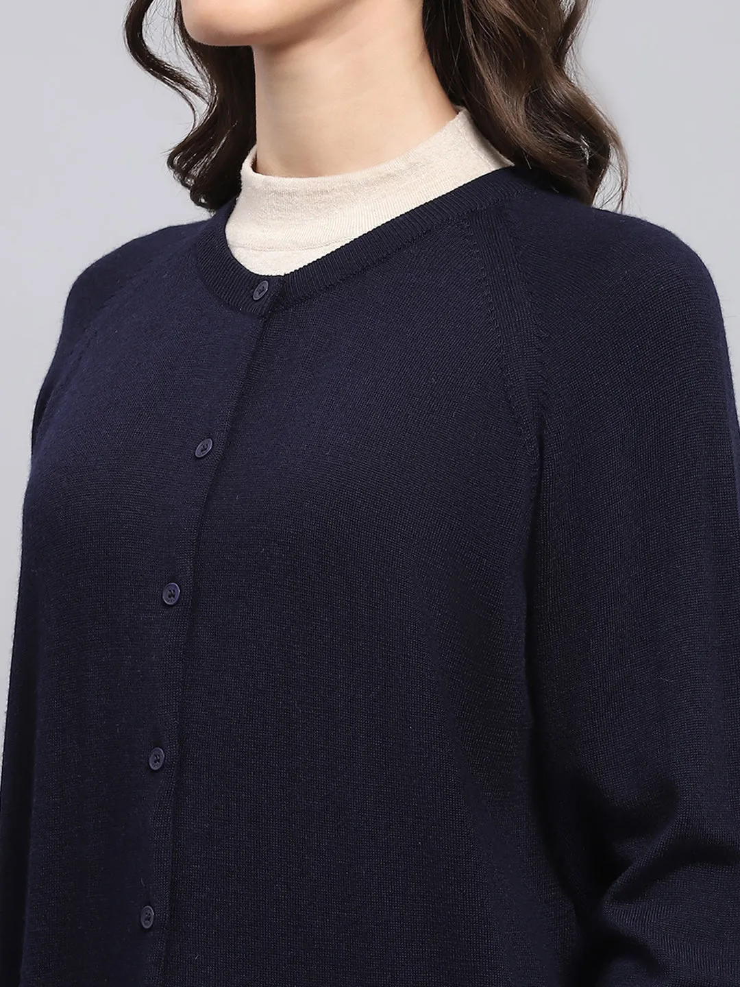 Women Navy Blue Solid Round Neck Full Sleeve Cardigan