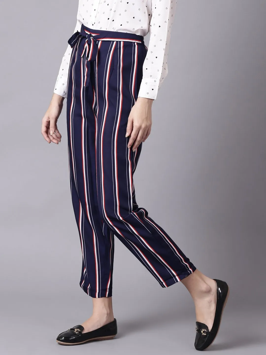 Women Navy Blue Striped Casual Crepe Trouser