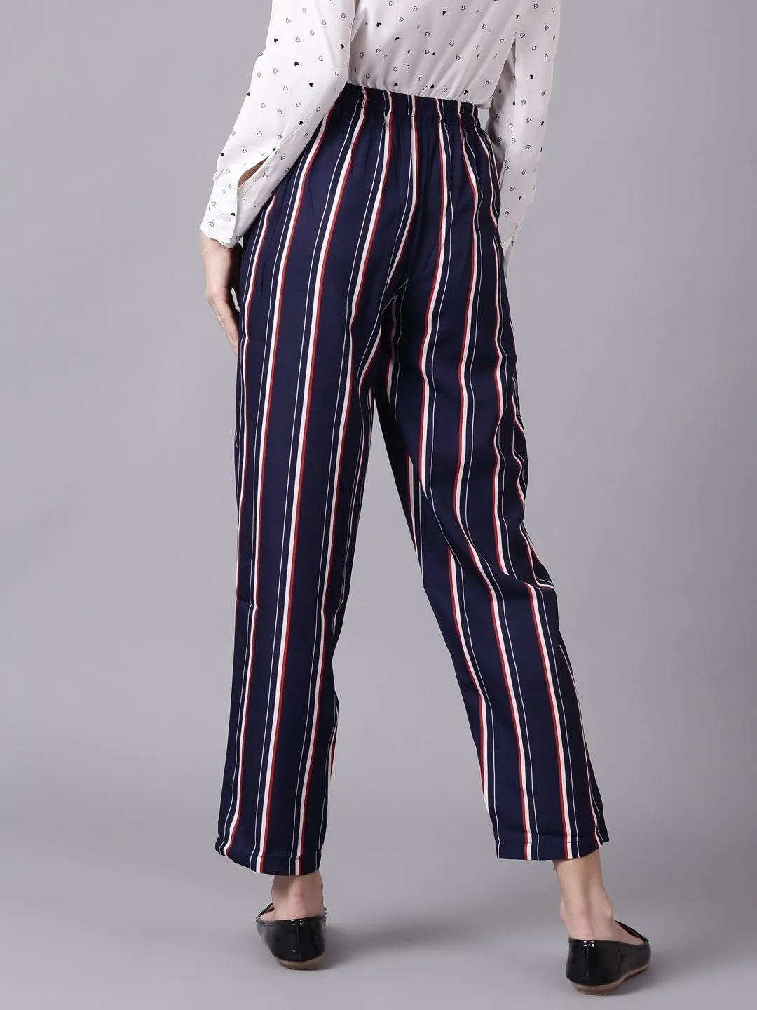 Women Navy Blue Striped Casual Crepe Trouser