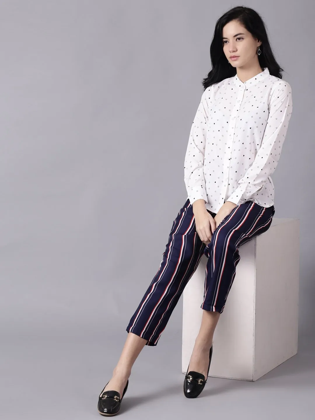 Women Navy Blue Striped Casual Crepe Trouser