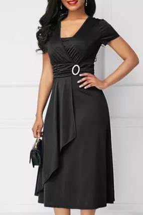 Women Short Sleeve Elegant Solid Pattern Mid Length A-Line Skirt Wonderful Classy Dress - C410ZWD