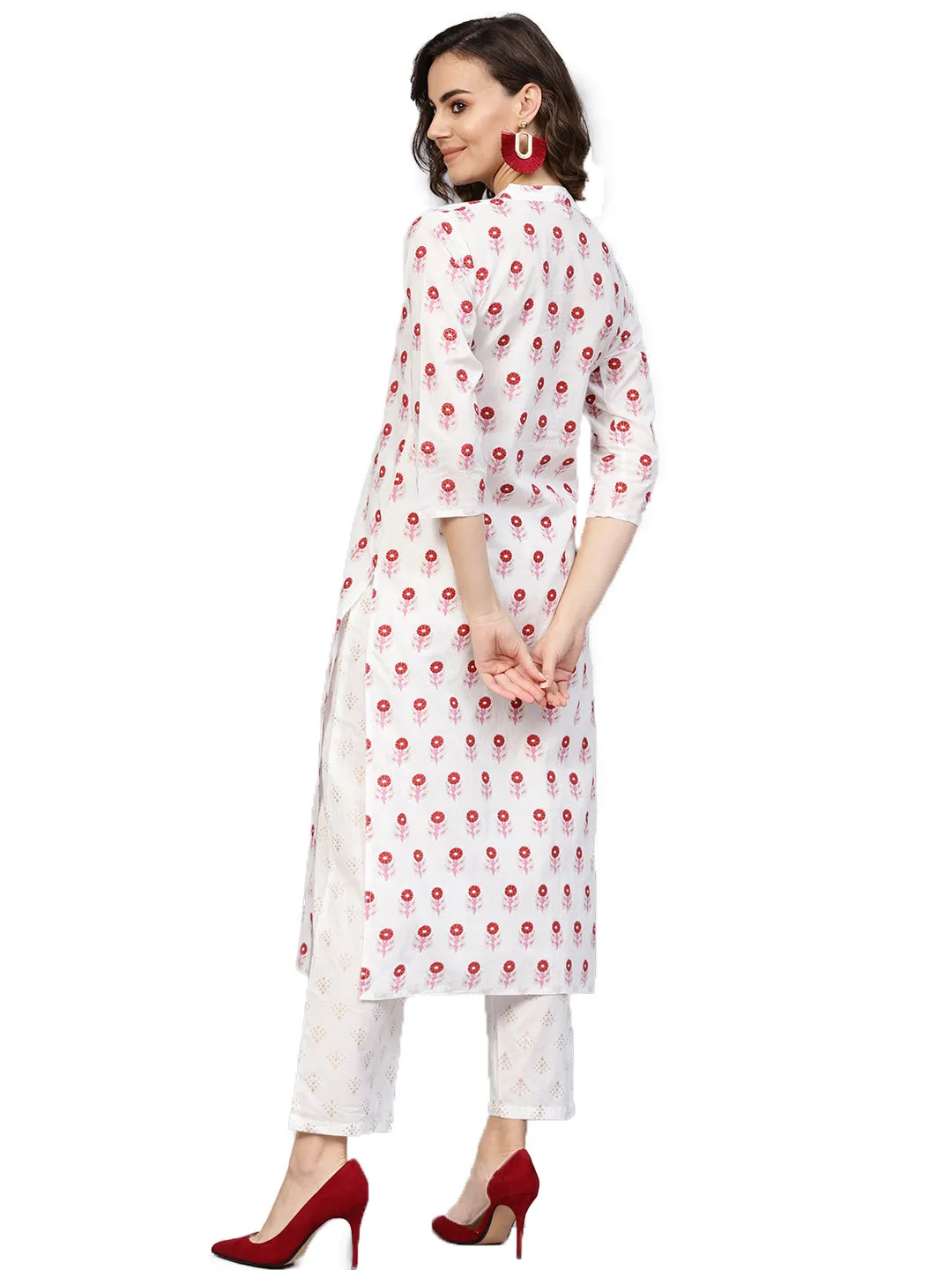 Women White & Red Printed Kurta With Trousers