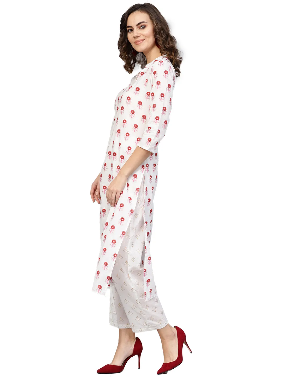 Women White & Red Printed Kurta With Trousers