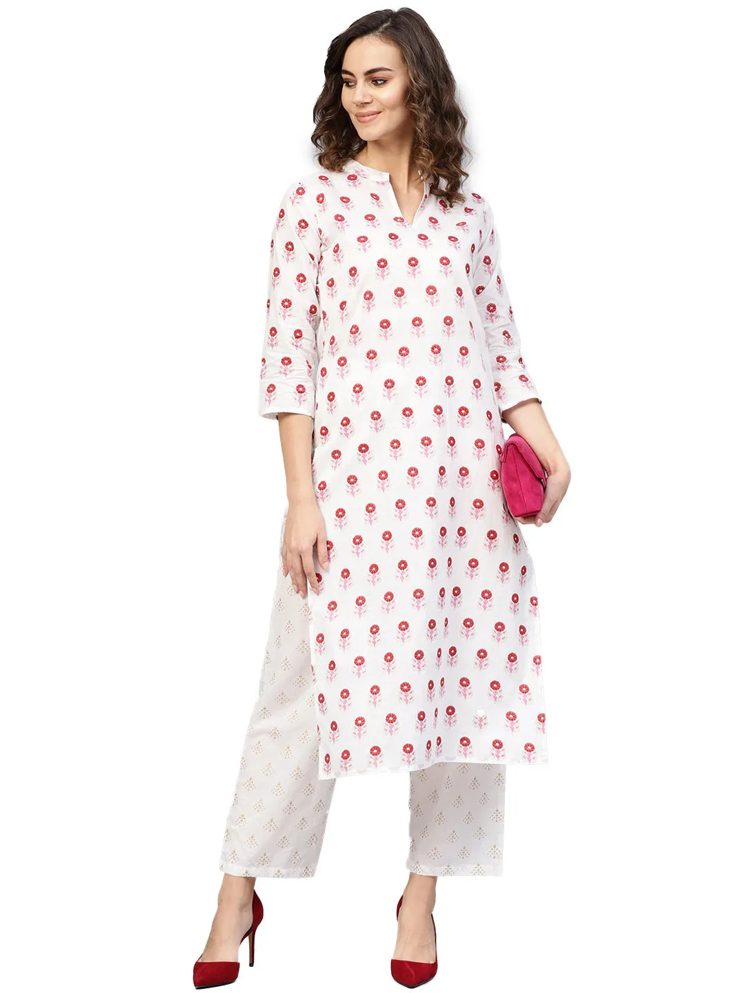 Women White & Red Printed Kurta With Trousers