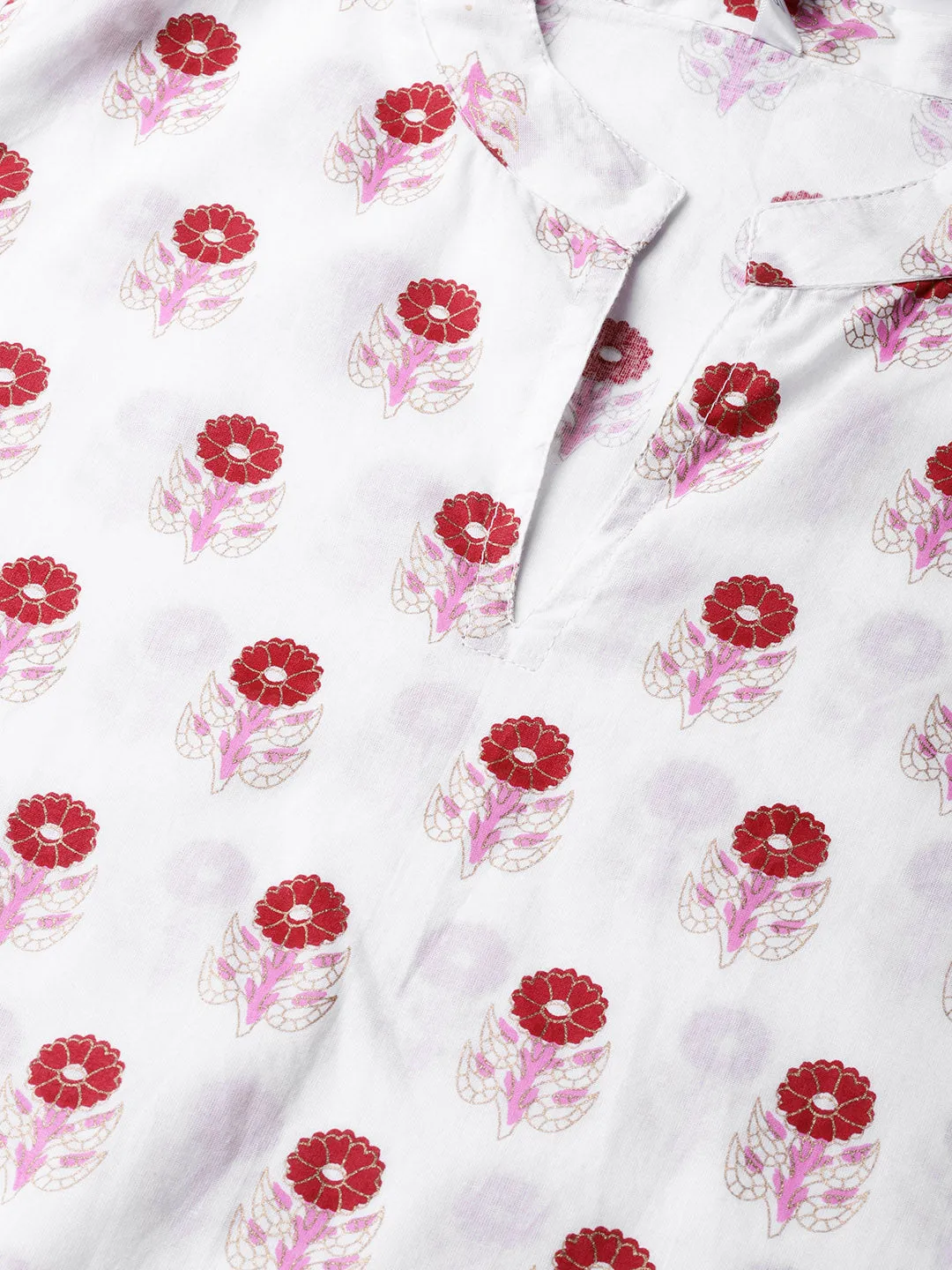 Women White & Red Printed Kurta With Trousers